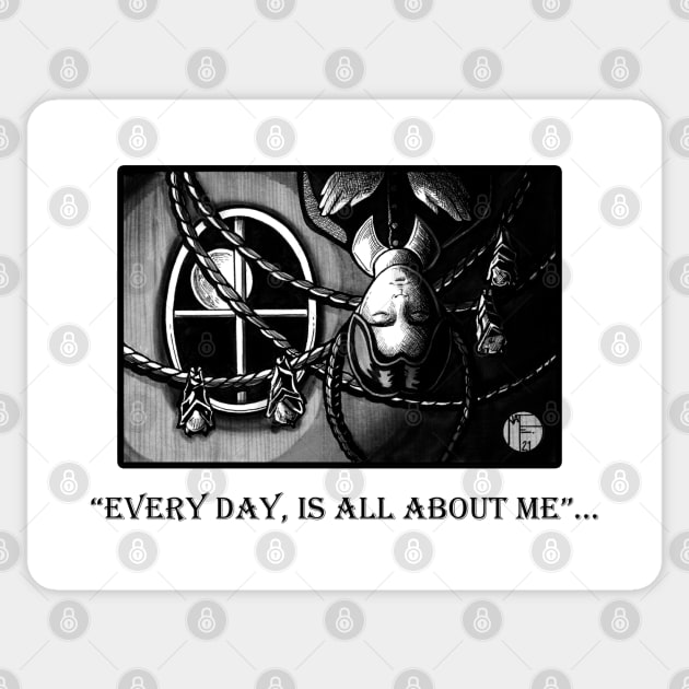 Wednesday Napping With Bats -Every Day Is All About Me - Black Outlined Version Sticker by Nat Ewert Art